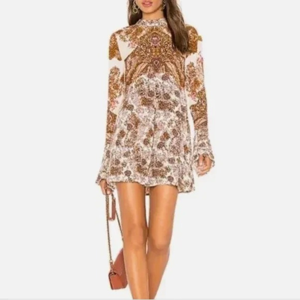 Free People Floral Rust &‎ Cream Lady Luck Long Sleeve Tunic Top S Boho Hippie